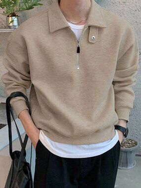 Light Khaki Casual Men's Patched Quarter Zip Sweatshirt